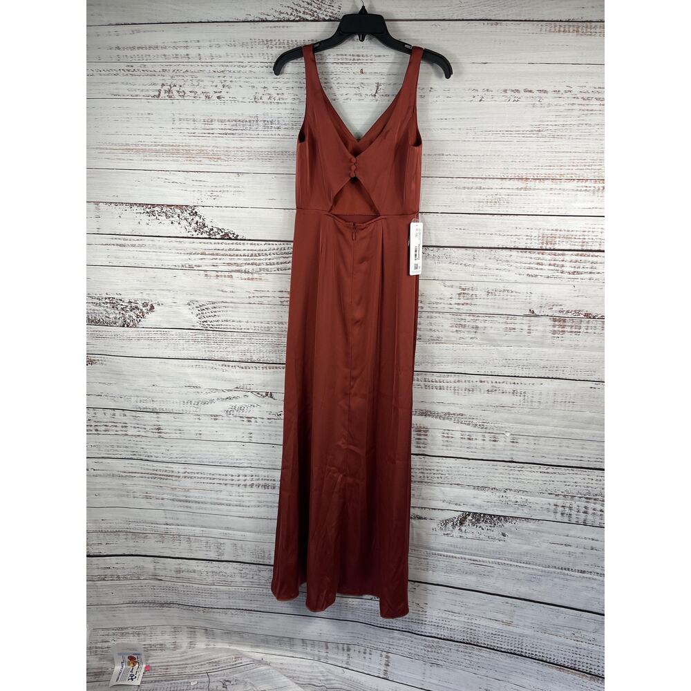 Azazie Dress Women's 4 Rust V Neck Satin Formal Bridesmaid Gown Open Back Slit - Picture 9 of 13